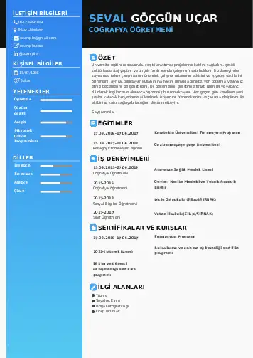 Coğrafya Öğretmeni CV Örnekleri cv indir